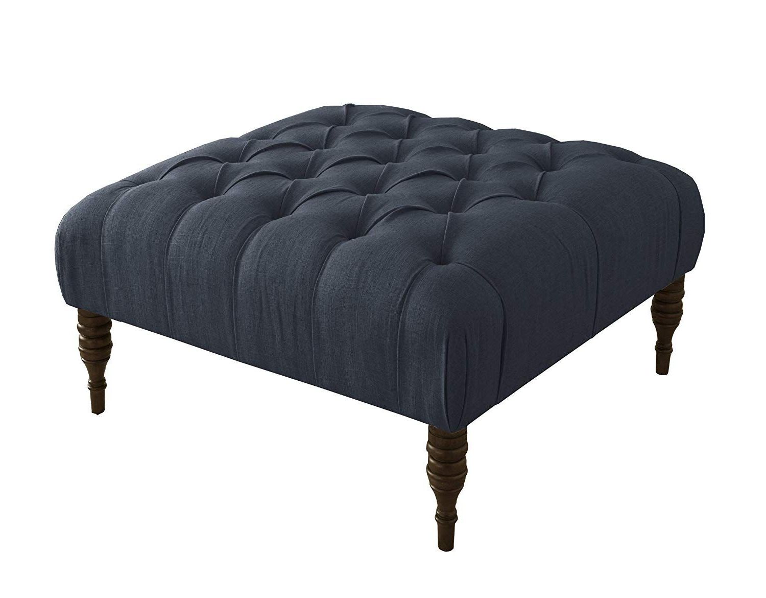French Linen Black Square Ottomans Throughout Widely Used Skyline Furniture Tufted Cocktail Ottoman In Linen Navy (View 2 of 10)