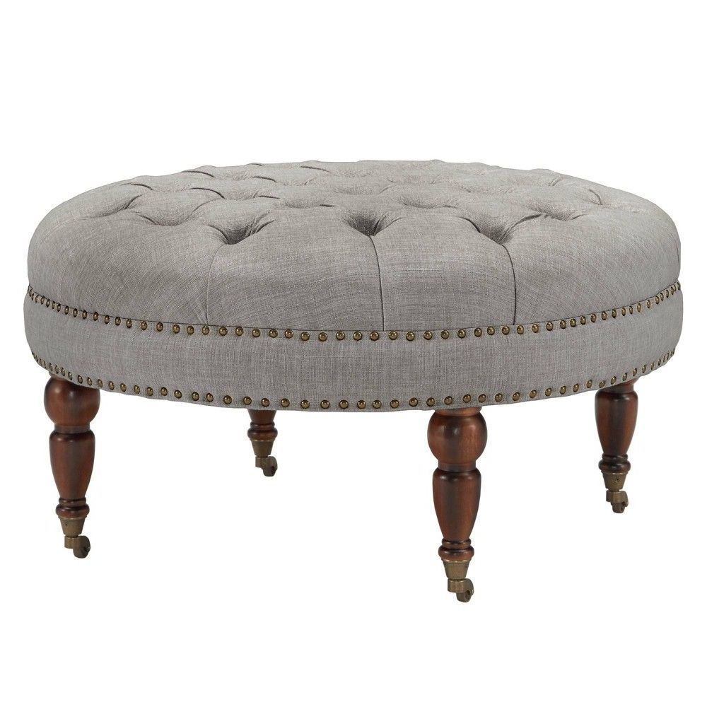 Georgya Tufted Round Ottoman With Casters – Gray Linen – Inspire Q Intended For Most Recently Released Smoke Gray  Round Ottomans (View 2 of 10)