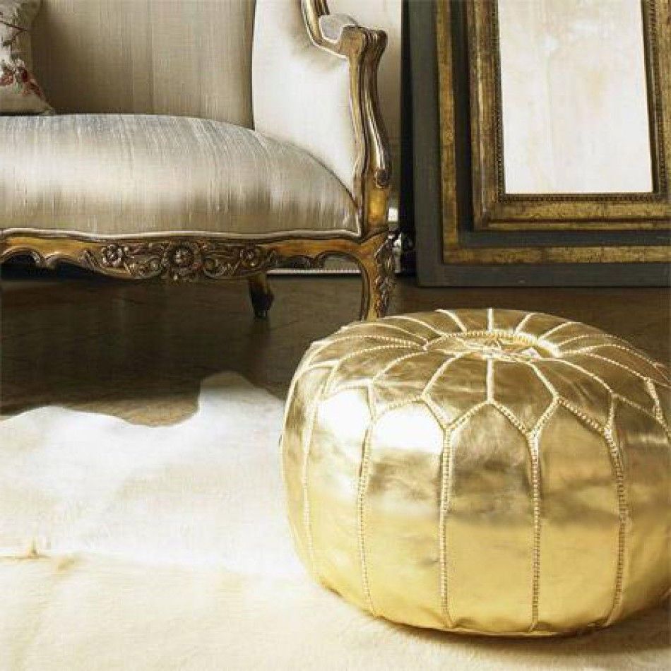 Gold Pouf, Moroccan Leather Pouf, Gold Pouf Ottoman Regarding Best And Newest Weathered Gold Leather Hide Pouf Ottomans (View 2 of 10)
