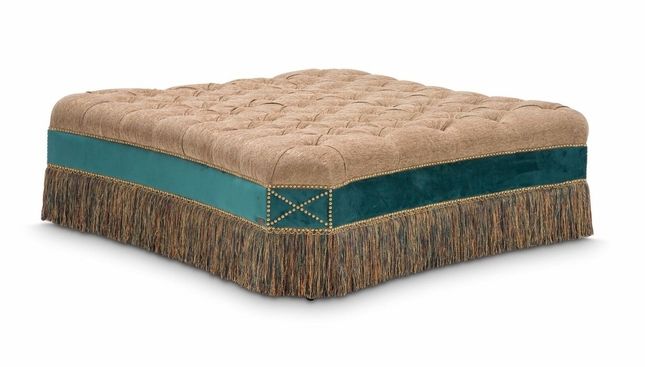 Grand Masterpiece Tufted Brown Fabric Ottoman W/bullion Fringe & Nail Within Newest Brown Fabric Tufted Surfboard Ottomans (View 5 of 10)