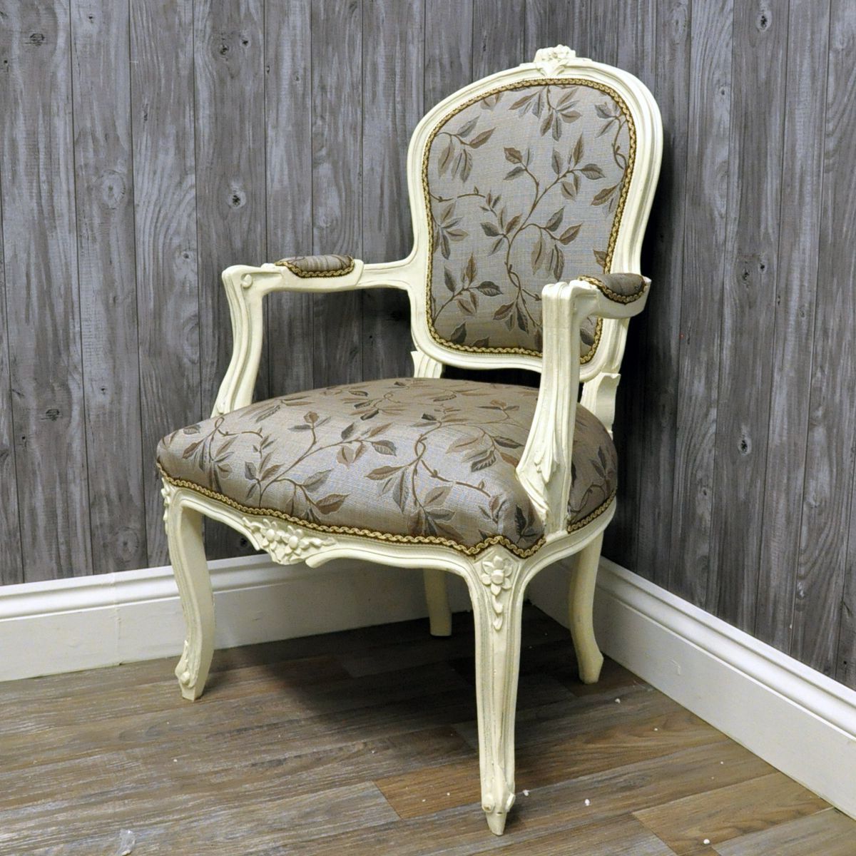 Gray And Natural Banana Leaf Accent Stools With Regard To Best And Newest Antique Cream Finish French Style Louis Arm Chair With Grey Leaf Fabric (View 5 of 10)