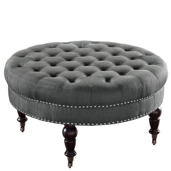 Gray And White Fabric Ottomans With Wooden Base Throughout Preferred Fabric Upholstered Round Tufted Ottoman With Wood Legs, Gray And Black (View 5 of 10)