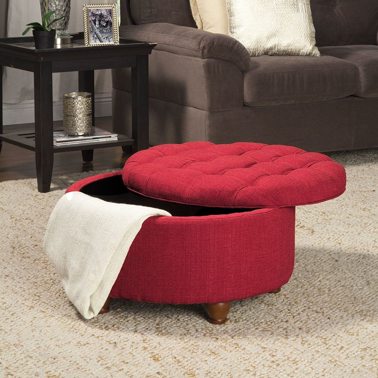 Gray Fabric Tufted Oval Ottomans Pertaining To Preferred Amazon: Kinfine Round Textured Tufted Storage Ottoman, Red: Kitchen (View 3 of 10)