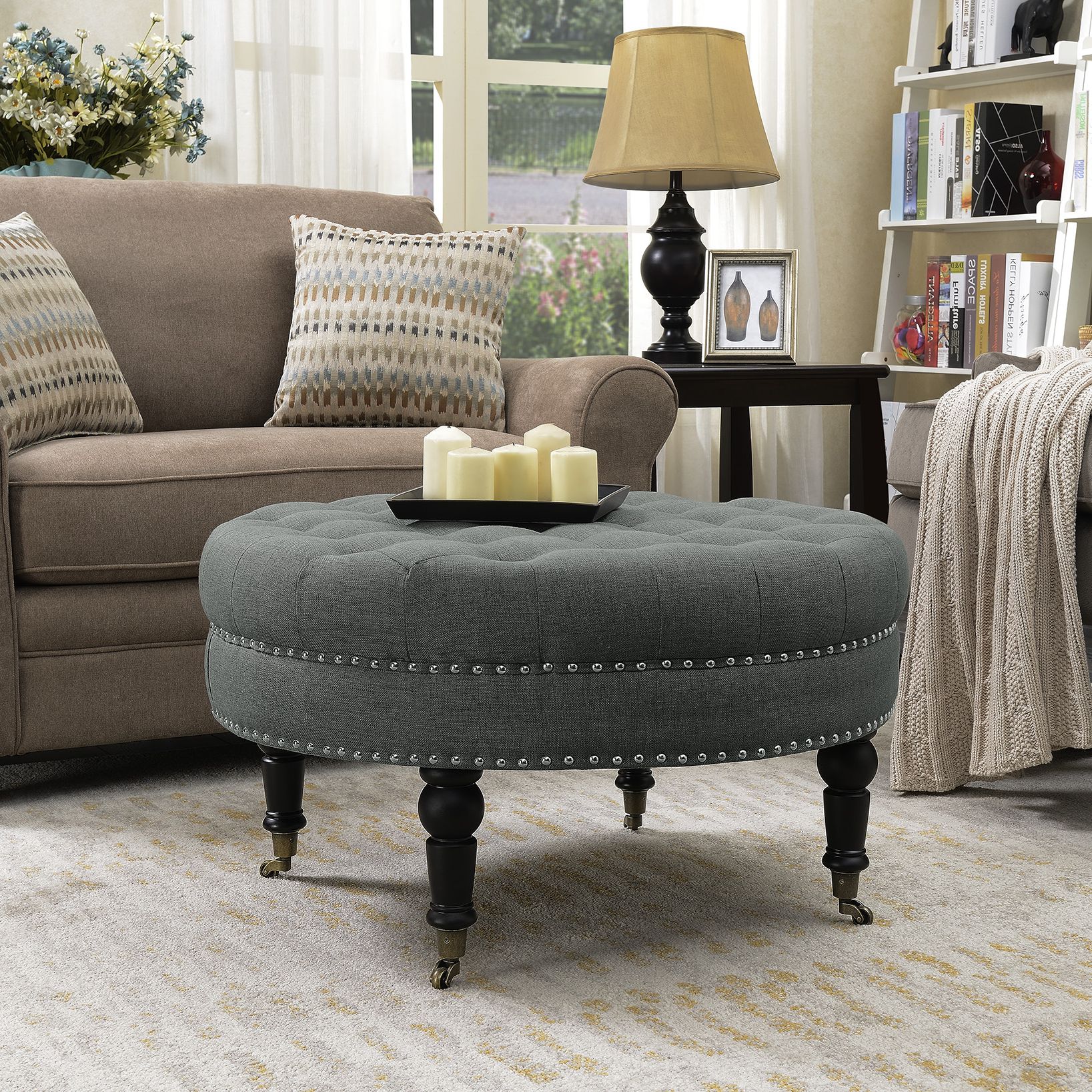 Gray Fabric Tufted Oval Ottomans Throughout Well Known Tufted Ottoman Round Room Indoor Home Decor Seating Coffee Table (gray (View 6 of 10)