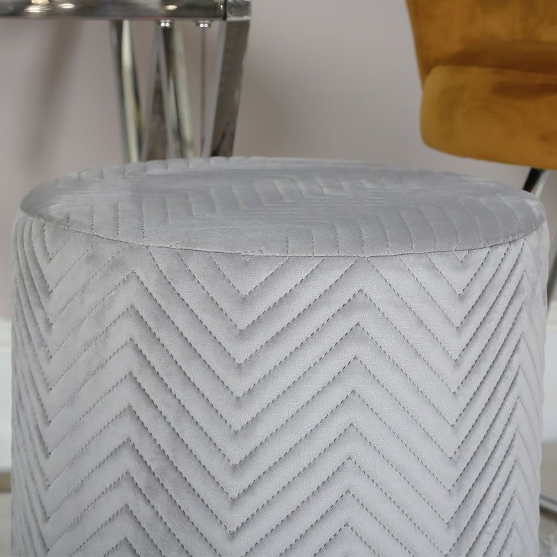 Gray Velvet Brushed Geometric Pattern Ottomans Throughout Well Known Grey Patterned Velvet And Chrome Round Footstool Stool Ottoman (View 9 of 10)