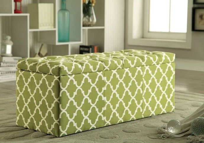 Green Fabric Square Storage Ottomans With Pillows Within Preferred Cm Bn6033gr Zaira I Green Quatrefoil Fabric Storage Ottoman With Tufted (View 4 of 10)