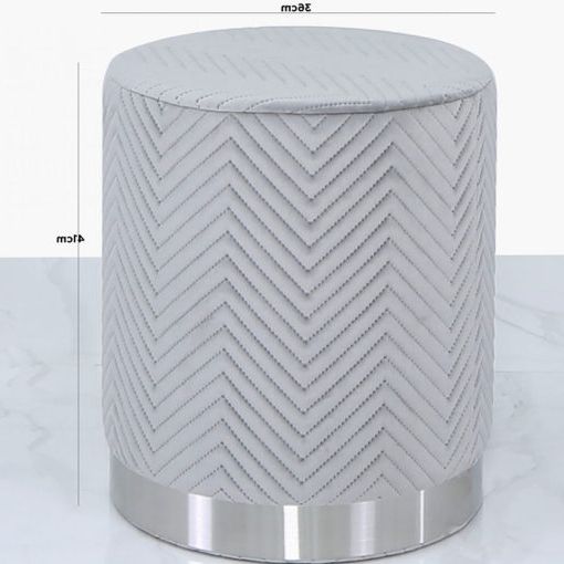 Grey Patterned Velvet And Chrome Round Footstool Stool Ottoman With Regard To Most Up To Date Gray Velvet Brushed Geometric Pattern Ottomans (View 10 of 10)