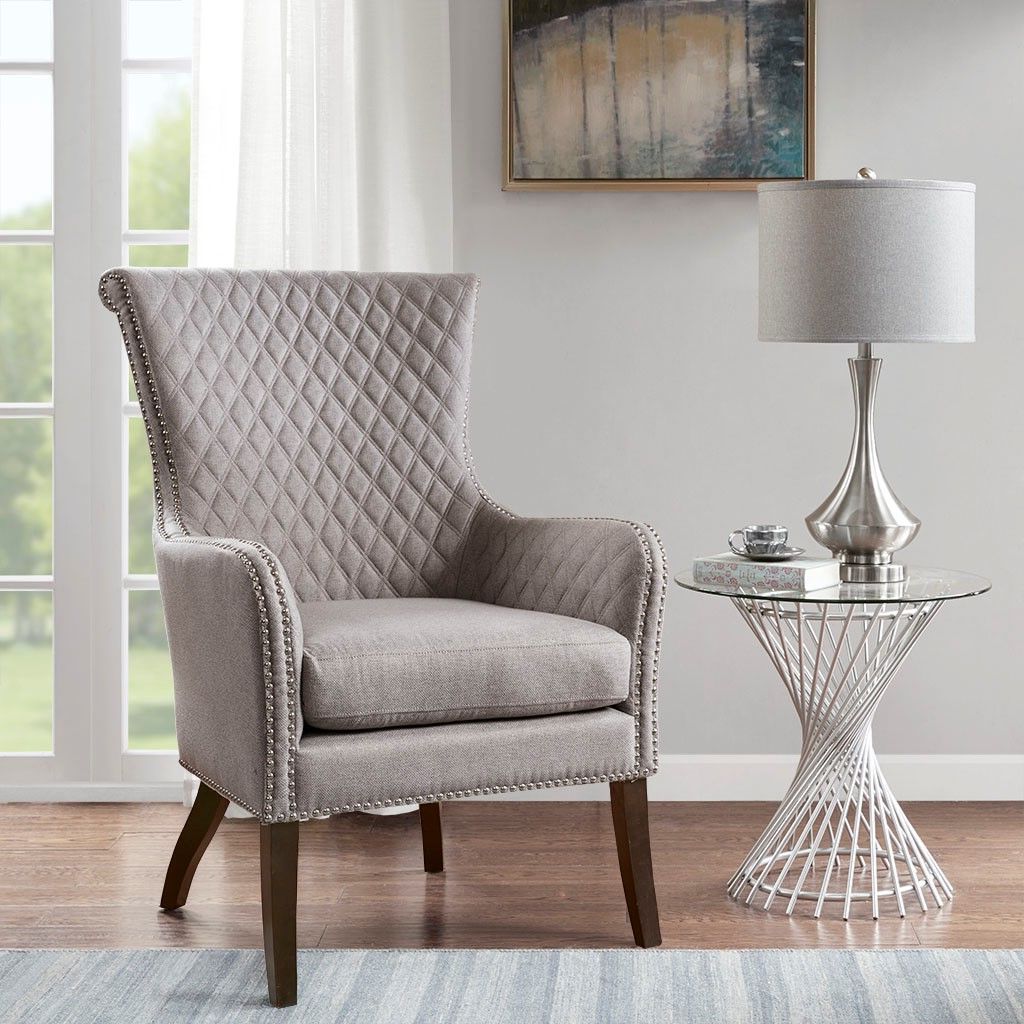Heston Accent Chair Solid Wood Light Grey Contemporary Madison Park Intended For Fashionable Light Beige Round Accent Stools (View 5 of 10)