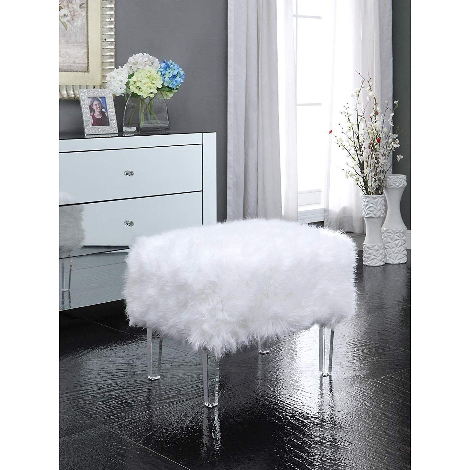 Inspired Home Ava White Faux Fur Ottoman – Modern Acrylic Legs Pertaining To 2018 Charcoal Brown Faux Fur Square Ottomans (View 10 of 10)