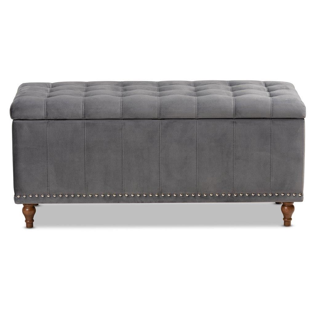 Kaylee Modern And Contemporary Grey Velvet Fabric Upholstered Button With Regard To Preferred Honeycomb Silver Velvet Fabric Ottomans (View 6 of 10)