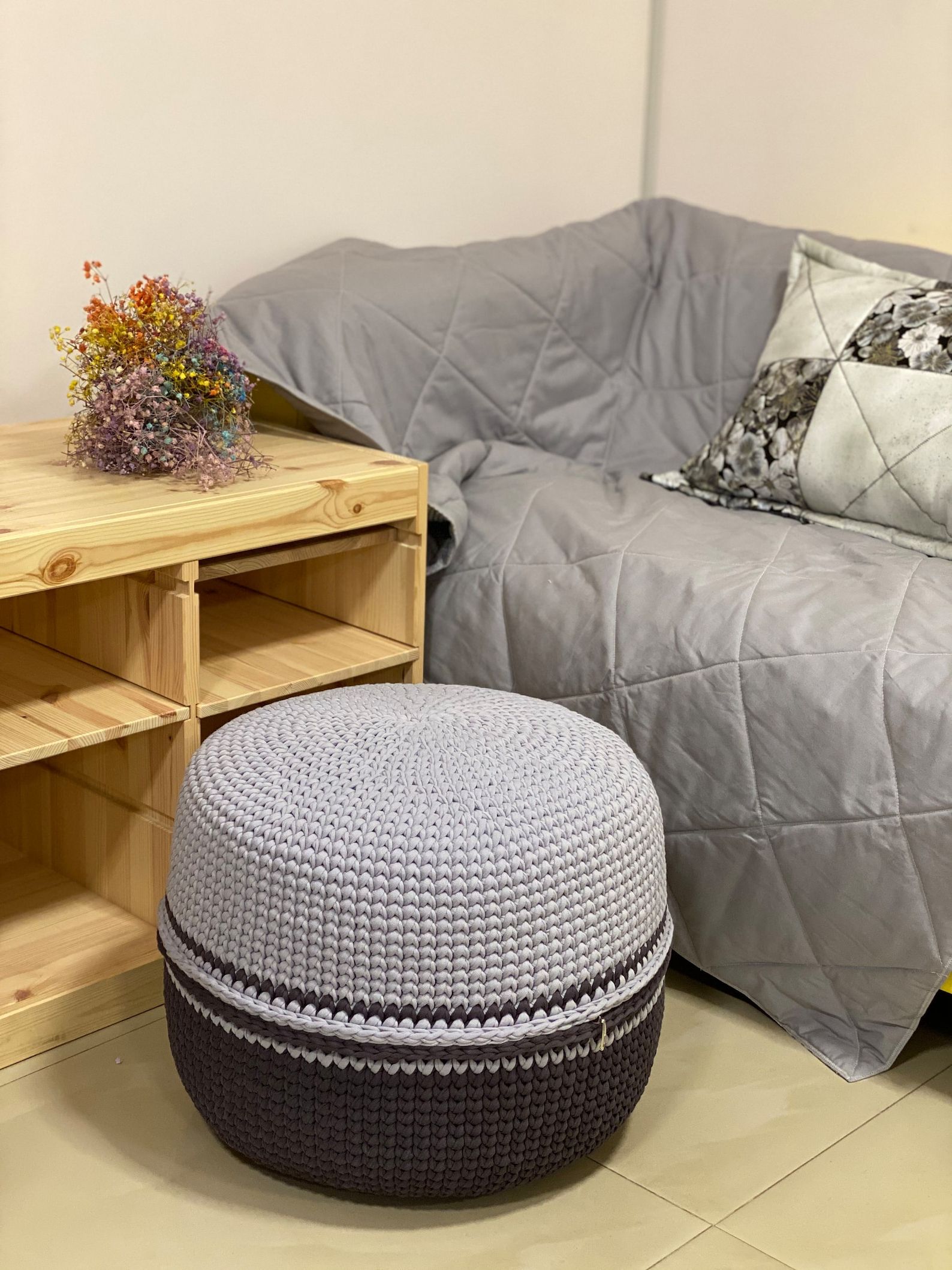 Knitted Cotton Soft Gray Ottoman For Extra Seating And Fun (View 6 of 10)