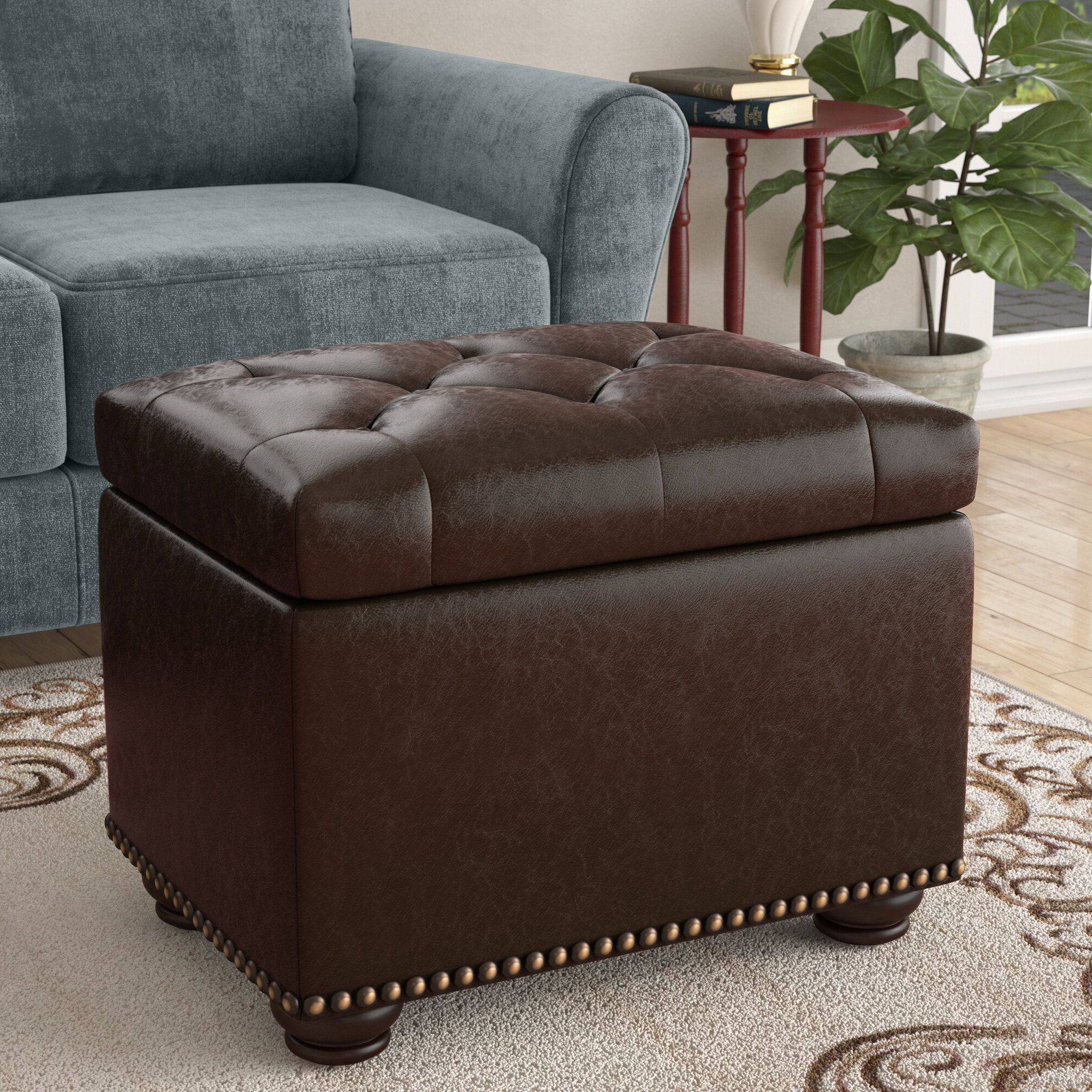 Latest Boston Espresso Brown Tufted Leather Storage Ottoman Coffee Table Intended For Dark Brown Leather Pouf Ottomans (View 2 of 10)