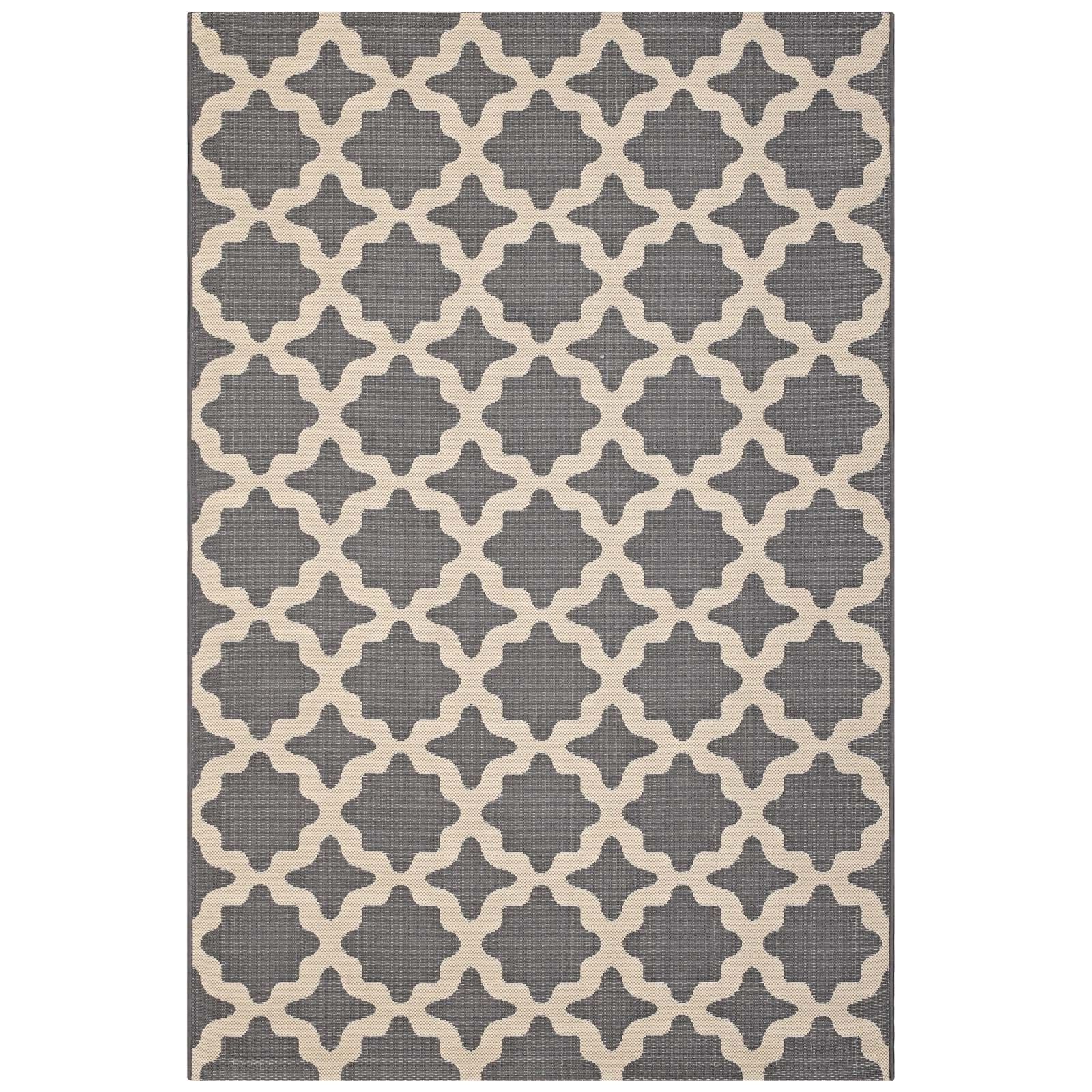 Latest Cerelia Moroccan Trellis 5x8 Indoor And Outdoor Area Rug In Gray And With Gray And Beige Trellis Cylinder Pouf Ottomans (View 4 of 10)