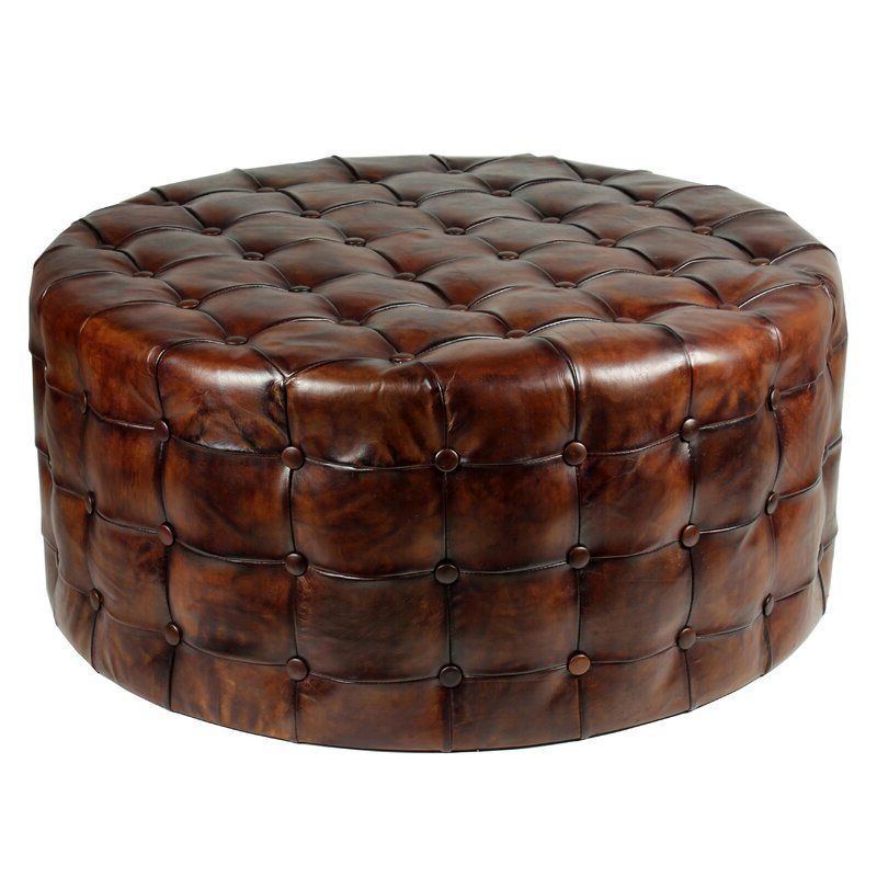 Latest Medium Gray Leather Pouf Ottomans Pertaining To 36" Genuine Leather Tufted Round Cocktail Ottoman (View 4 of 10)