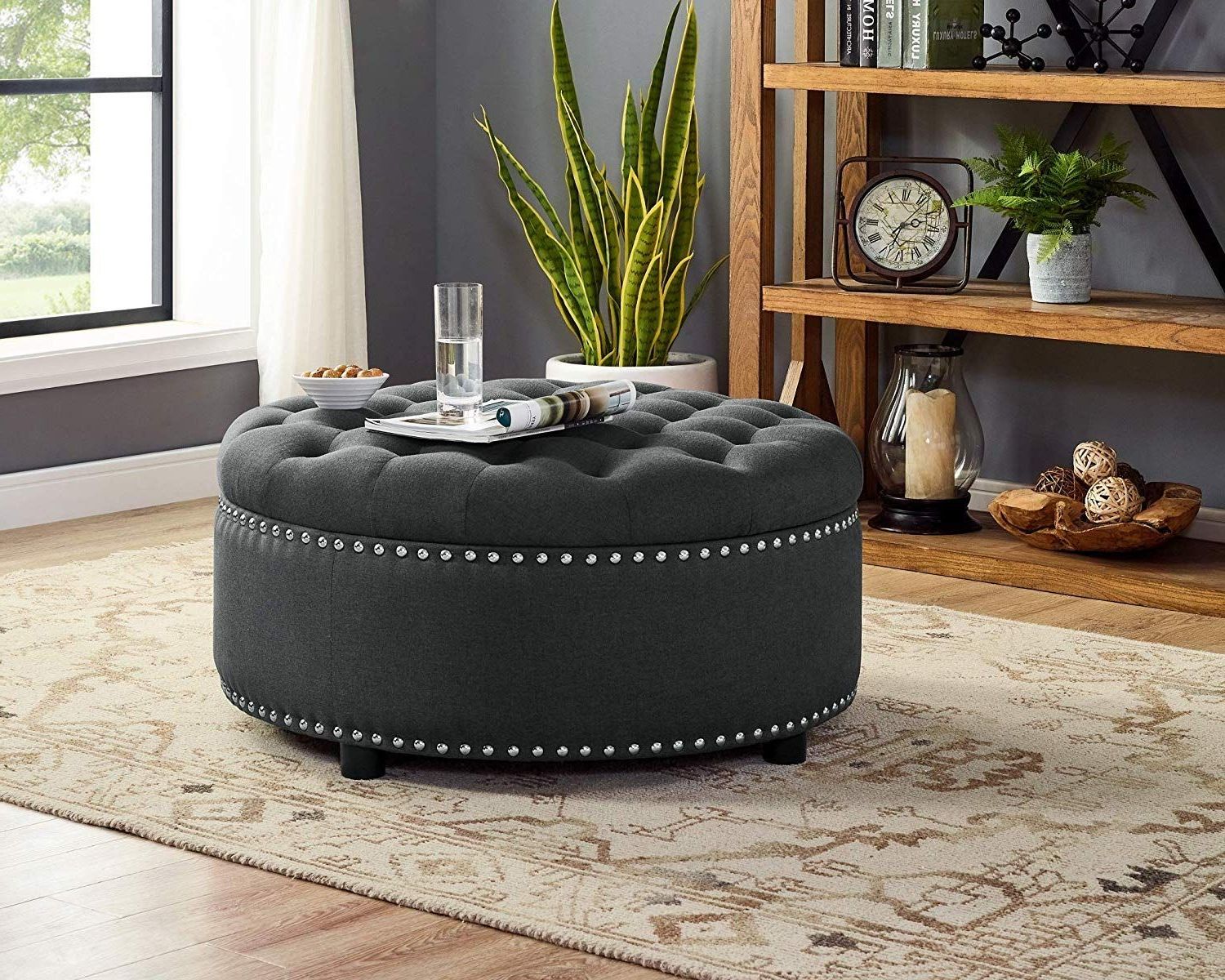 Lavender Fabric Storage Ottomans Intended For 2017 Dazone Round Storage Ottoman, Fabric Upholstered Nailhead Studded (View 6 of 10)