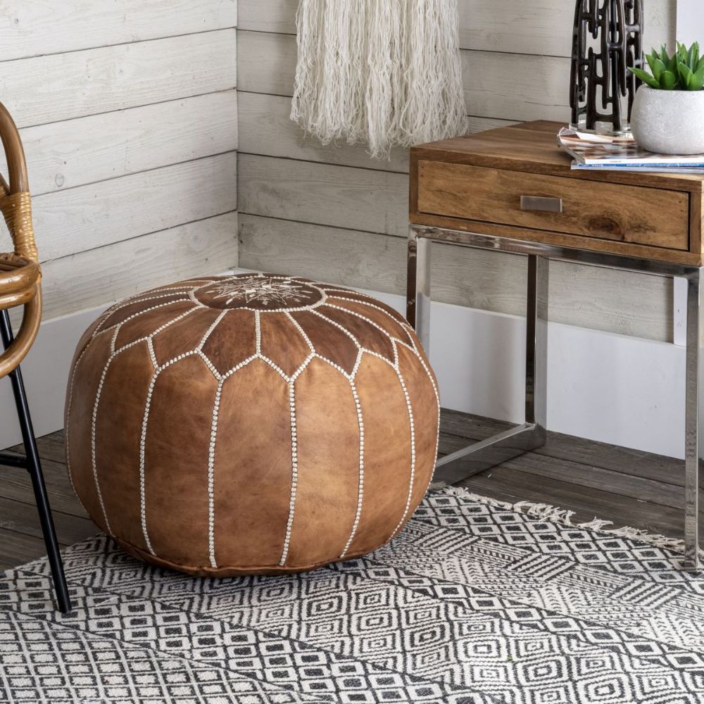 Leather Pouf Ottoman, Moroccan Leather With Regard To Brown Moroccan Inspired Pouf Ottomans (View 3 of 10)