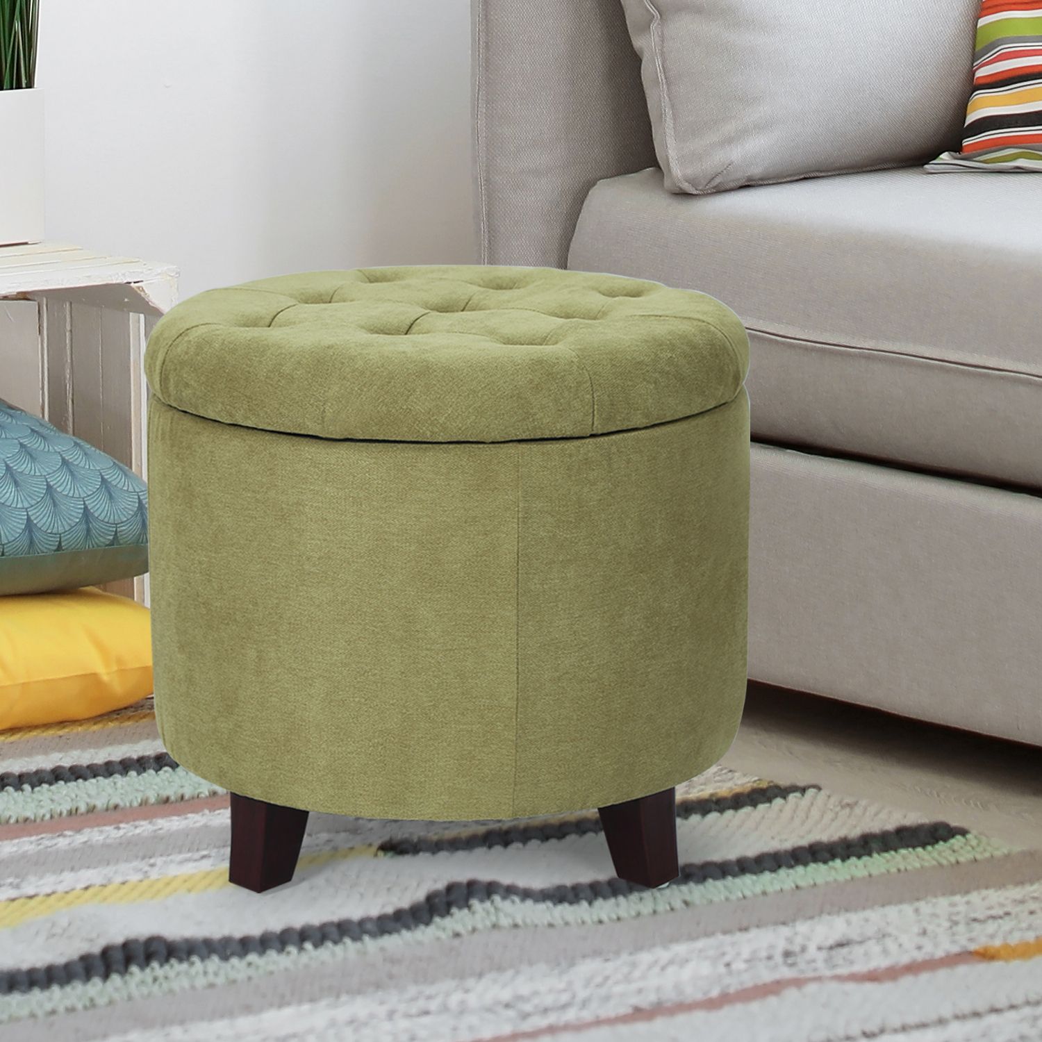 Light Gray Fabric Tufted Round Storage Ottomans In 2018 Joveco Fabric Cushion Round Button Tufted Lift Top Storage Ottoman (View 2 of 10)