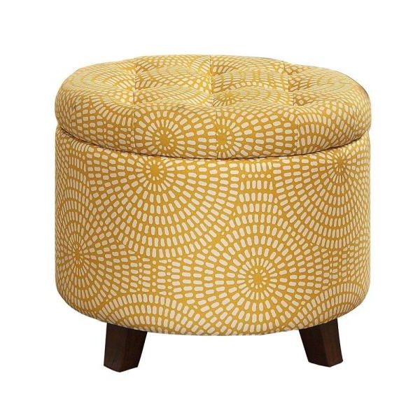 Light Gray Fabric Tufted Round Storage Ottomans In Newest Benjara Yellow And Brown Button Tufted Wooden Round Storage Ottoman (View 10 of 10)