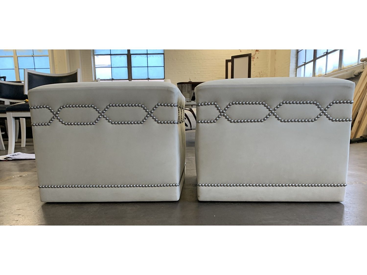 Light Grey Soft Leather Cube Ottoman With Nailhead, Pair • The Local Vault Inside Recent Light Blue And Gray Solid Cube Pouf Ottomans (View 2 of 10)