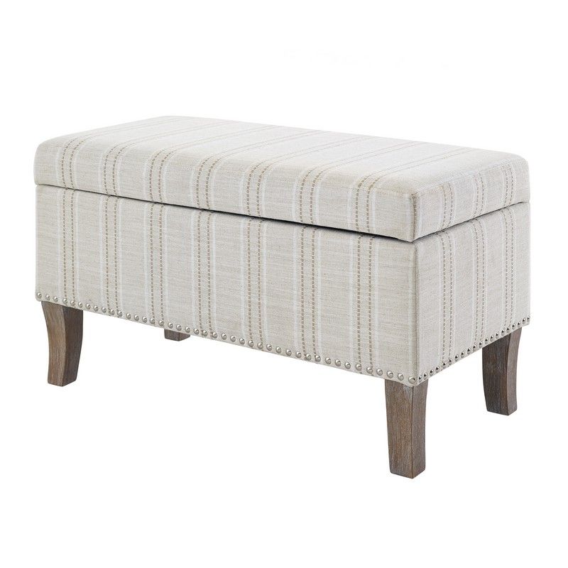 Linon Stephanie Storage Ottoman, 18" Seat Height, Light Gray With Gold In Fashionable Gray Stripes Cylinder Pouf Ottomans (View 10 of 10)