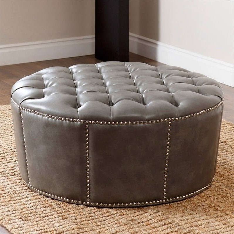 Medium Gray Leather Pouf Ottomans For Current Abbyson Living Hs Ot 225 30 Lgryl Newport Leather Nailhead Trim Round (View 2 of 10)