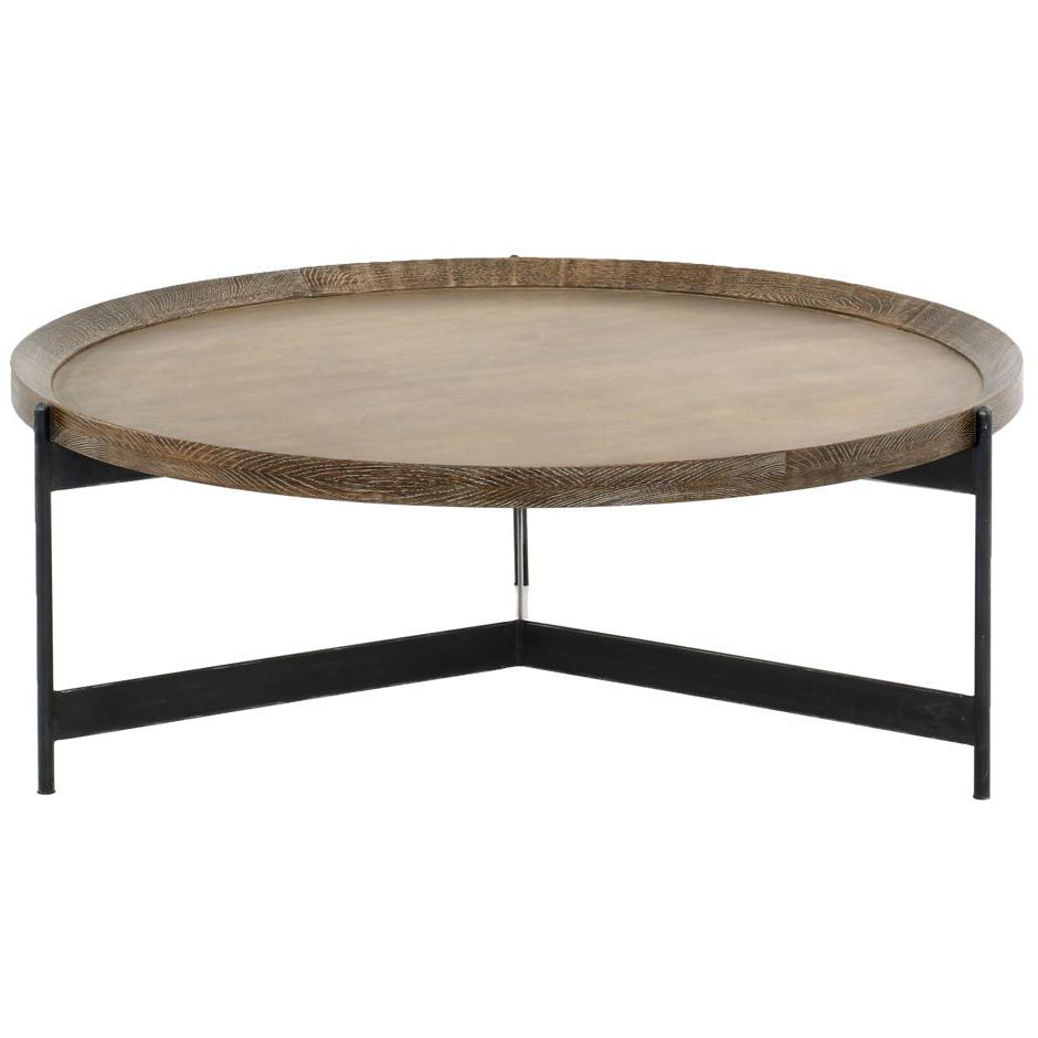 Modern Oak And Iron Round Ottomans In Recent Sebastian Modern Classic Iron Round Burnt Oak Tray Style Coffee Table (View 8 of 10)