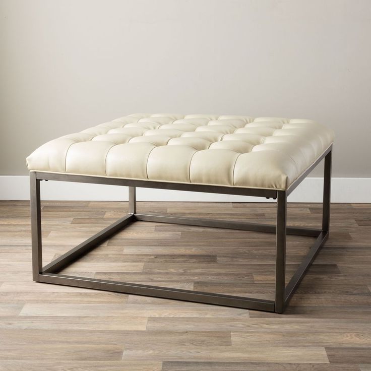 Modern Tufted Ottoman Leather Metal Wood Accent White Coffee Table Pertaining To Well Known Black Leather And Bronze Steel Tufted Ottomans (View 1 of 10)