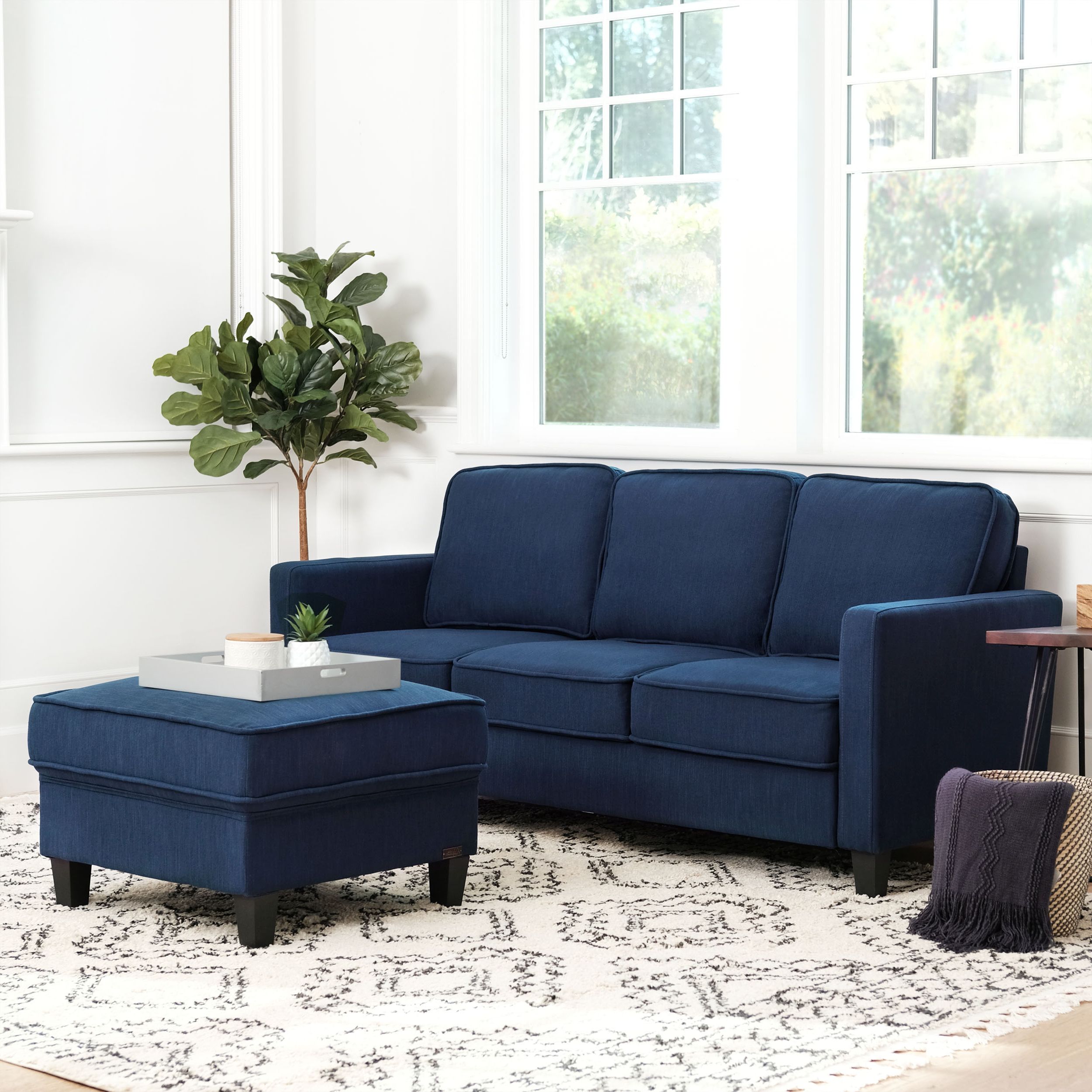 Most Current Devon & Claire Malabar Fabric Sofa And Ottoman Set, Navy Blue – Walmart In Dark Blue Fabric Banded Ottomans (View 7 of 10)