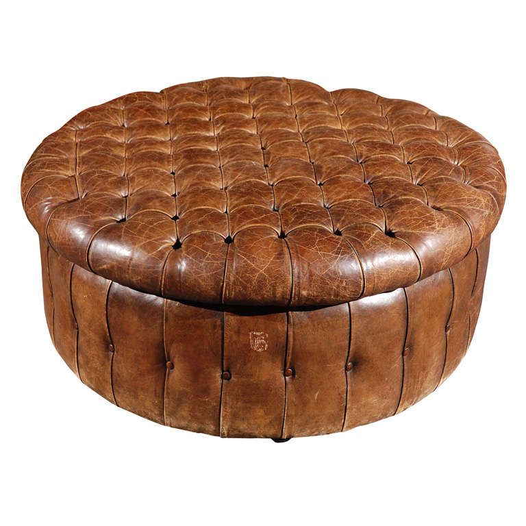 Most Current English Round Leather Ottoman, Circa 1880 At 1stdibs Intended For Leather Pouf Ottomans (View 2 of 10)