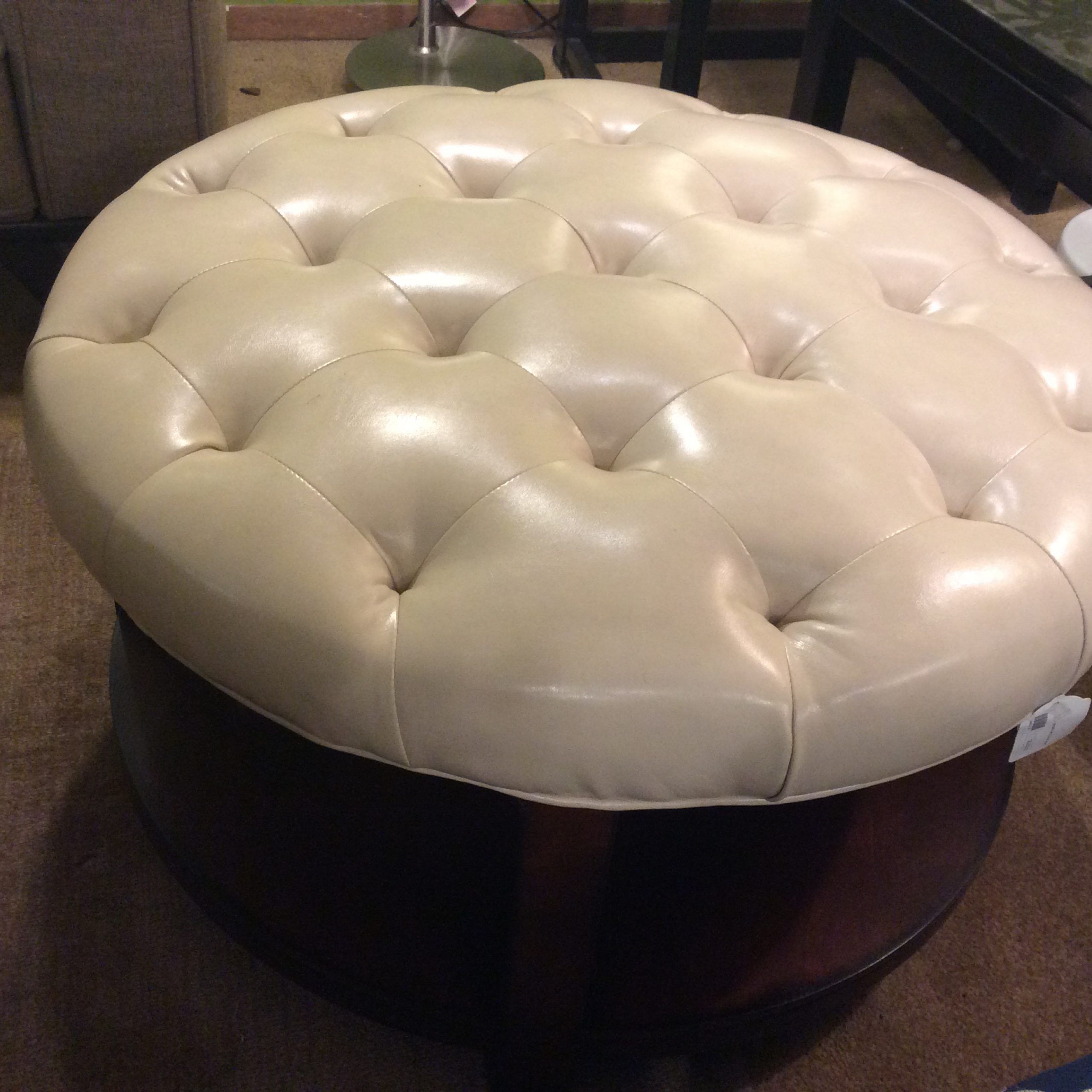 Most Popular Cream Pouf Ottomans Throughout Cream Round Tufted Ottoman Sold – Ballard Consignment (View 1 of 10)