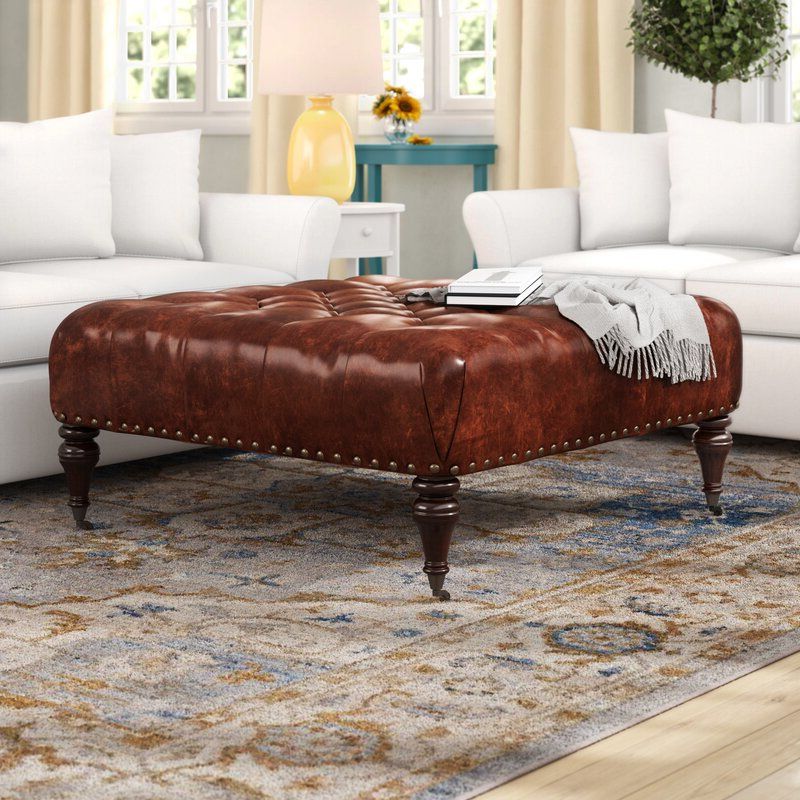 Most Popular Darby Home Co Burkart 42" Genuine Leather Tufted Square Cocktail Inside Fabric Tufted Square Cocktail Ottomans (View 3 of 10)