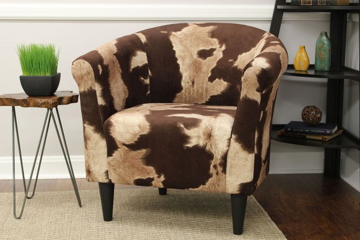 Most Popular Faux Cow Hide Barrel Accent Chair Animal Print Fabric Brown White Pertaining To Lack Faux Fur Round Accent Stools With Storage (View 4 of 10)