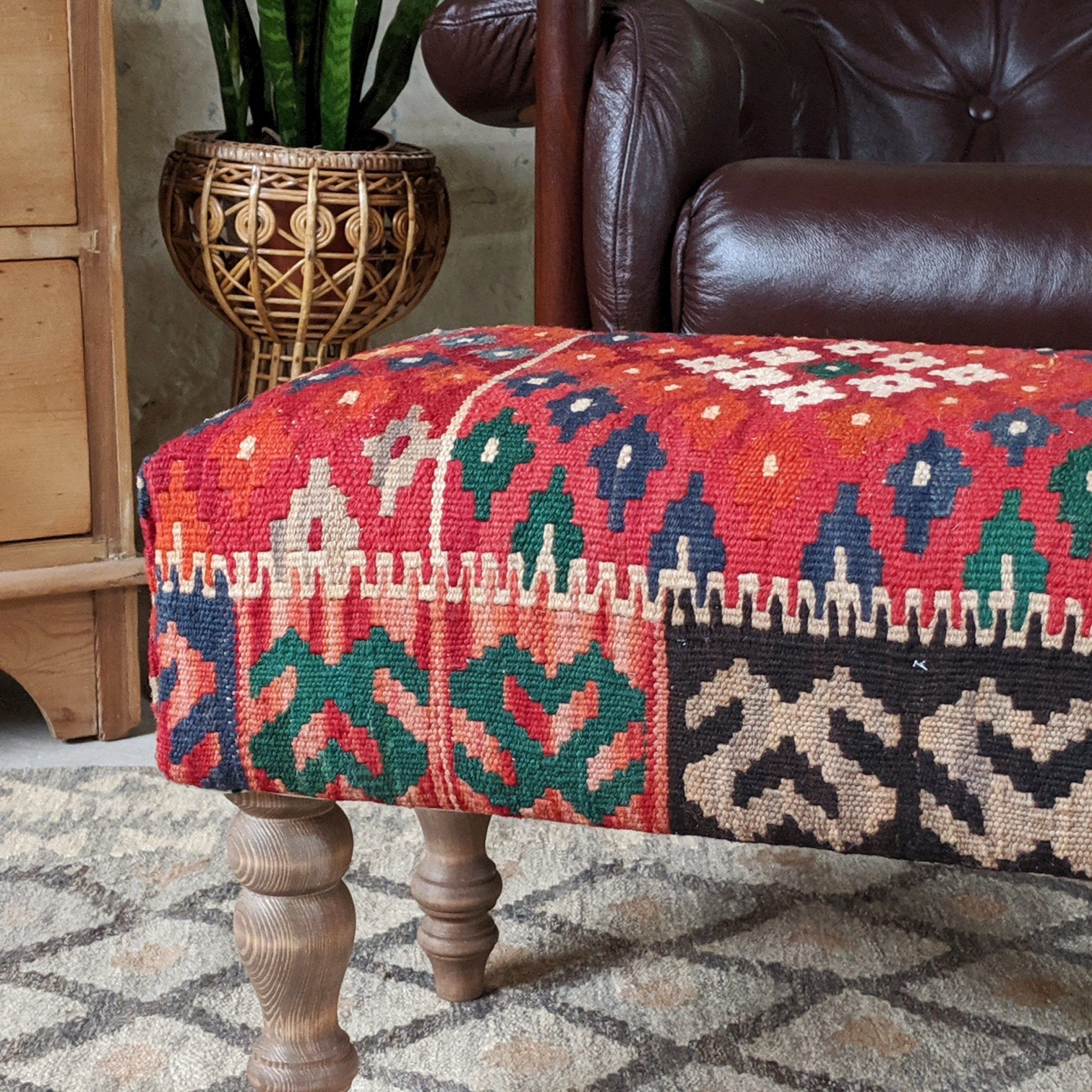Most Popular Kilim Footstool – Handmade Red Kilim Wool Rug Ottoman Stool On Turned For Stone Wool With Wooden Legs Ottomans (View 7 of 10)