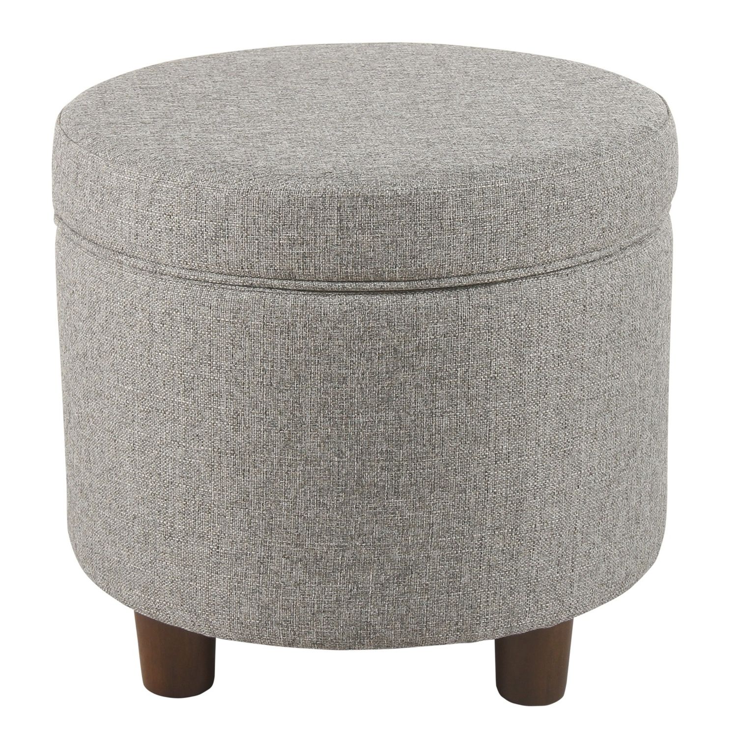 Most Popular Light Gray Fabric Tufted Round Storage Ottomans Within Benzara Fabric Upholstered Round Wooden Ottoman With Lift Off Lid (View 8 of 10)