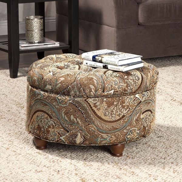 Most Popular Light Gray Tufted Round Wood Ottomans With Storage Regarding Shop Button Tufted Round Paisley Storage Ottoman – Overstock –  (View 8 of 10)
