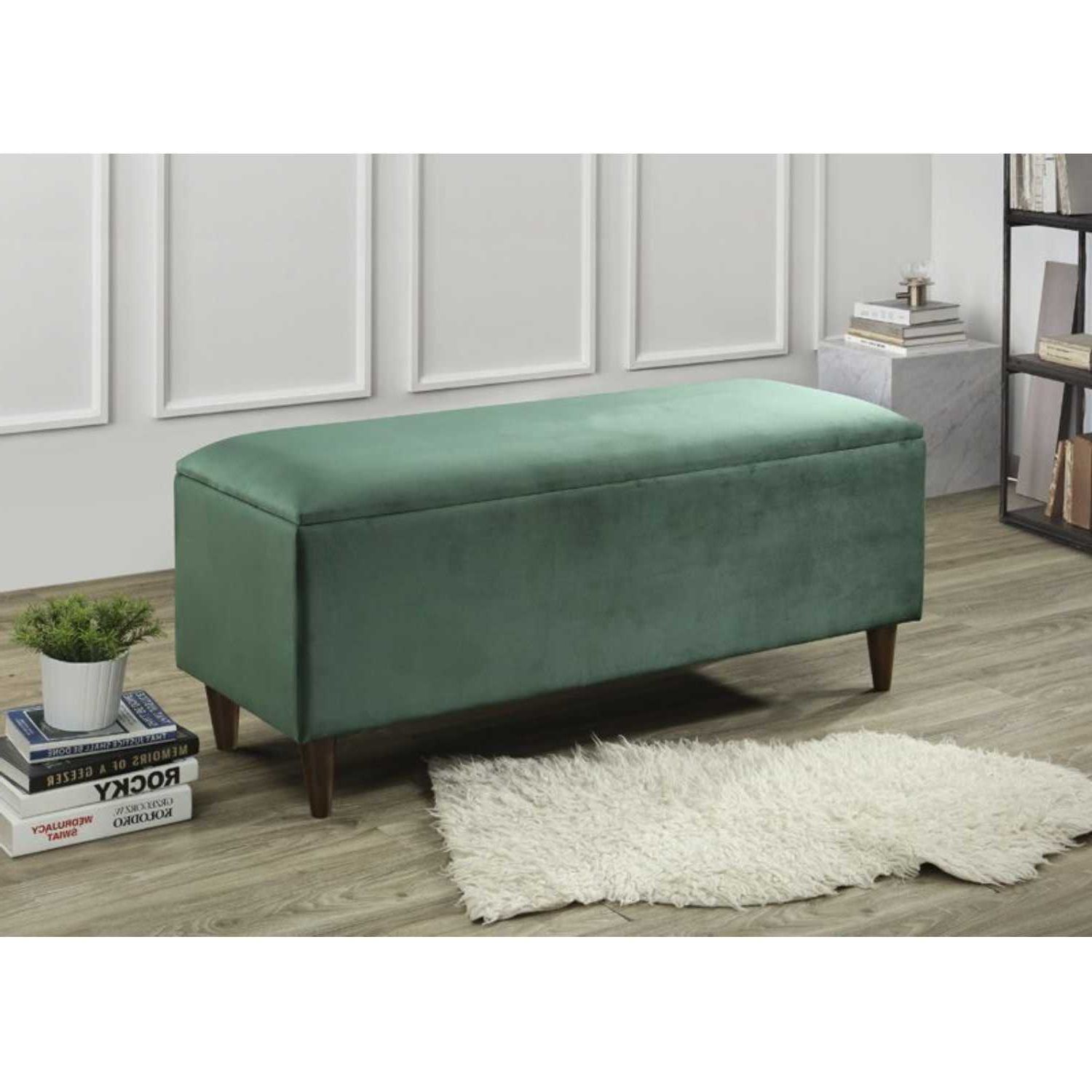 Most Popular Navy Velvet Fabric Benches Pertaining To Emma Storage Ottoman Bench In Green Velvet Fabric With Dark Wood Legs (View 5 of 10)
