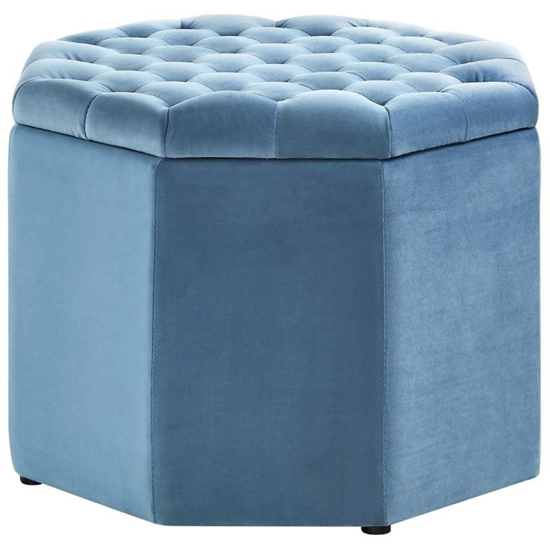 Most Popular Posh Living Adrian Button Tufted Velvet Storage Ottoman In Blue – So69 Pertaining To Blue Slate Jute Pouf Ottomans (View 4 of 10)