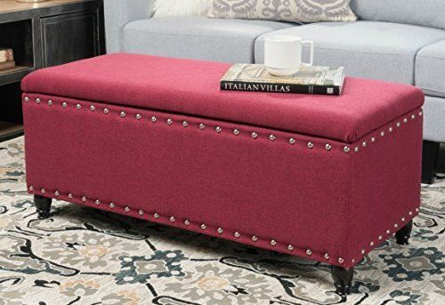 Most Popular Red Fabric Square Storage Ottomans With Pillows Regarding Storage Ottoman Bench Deep Red Nailhead Studded Fabric Fu Https (View 9 of 10)