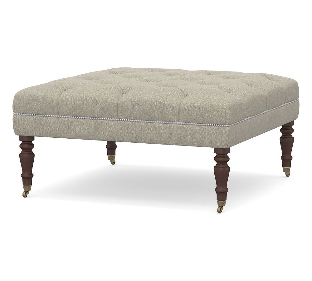 Most Recent Raleigh Upholstered Tufted Square Ottoman With Turned Black Legs With Regard To White Leather And Bronze Steel Tufted Square Ottomans (View 4 of 10)