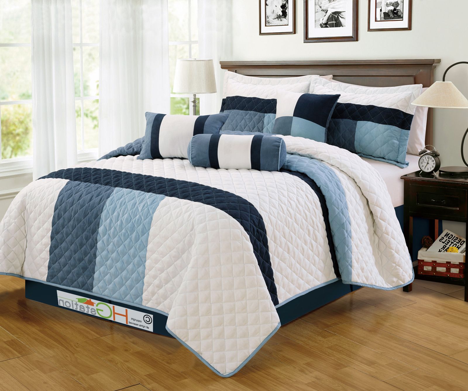 Most Recently Released 7 Pc Soft Faux Suede Sleek Quilted Striped Patchwork Comforter Set Navy Inside Navy Blue And White Striped Ottomans (View 3 of 10)
