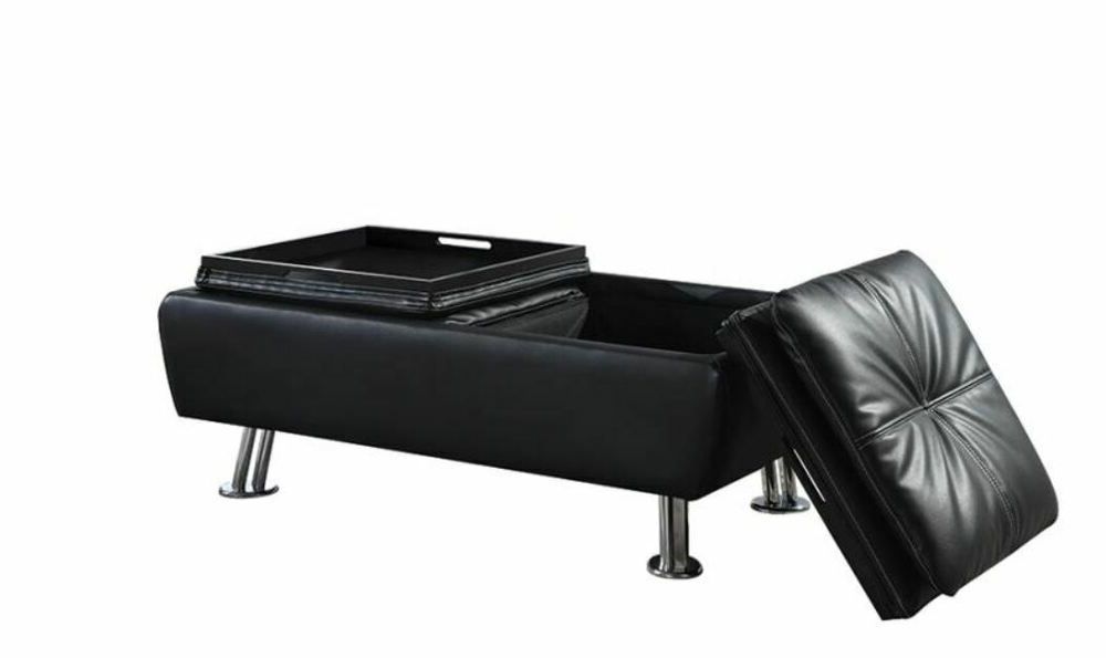 Most Recently Released Black Faux Leather Ottomans With Pull Tab Inside Black Faux Leather Storage Ottoman With Reversible Tray Topscoaster (View 10 of 10)