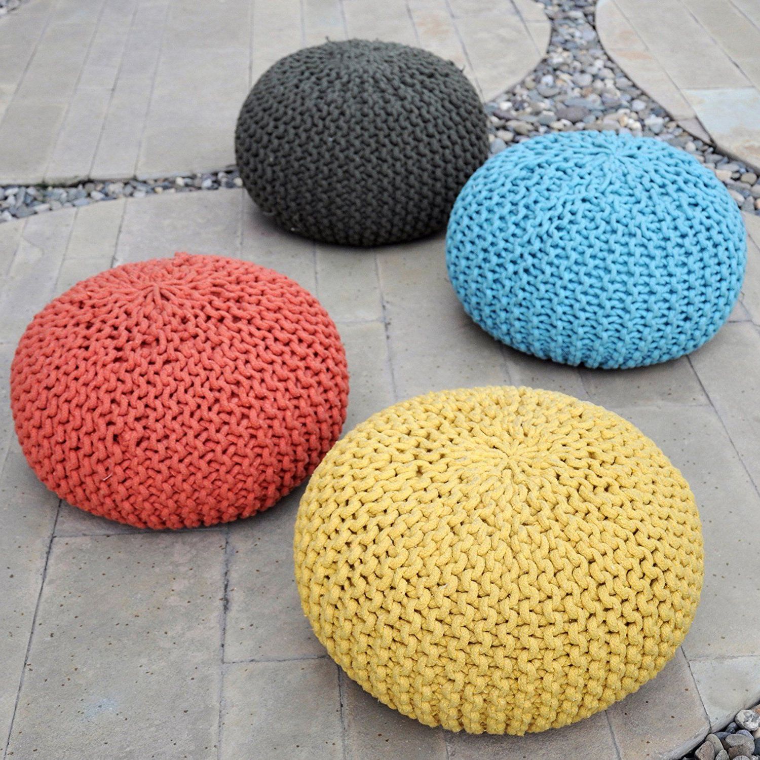 Most Recently Released Cream Cotton Knitted Pouf Ottomans Intended For Amazon: Poona Hand Knitted Artisan Round Pouf (aqua): Kitchen (View 6 of 10)