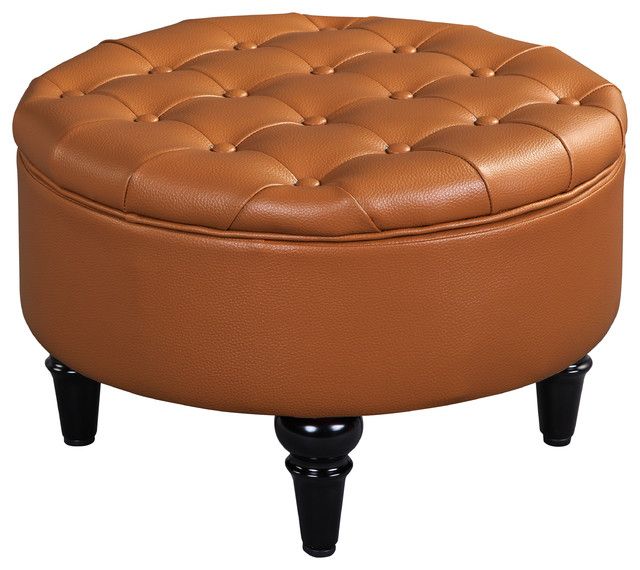 Most Recently Released Round Blue Faux Leather Ottomans With Pull Tab Pertaining To Cristo 24" Round Upholstered Storage Ottoman With Reversible Top (View 7 of 10)