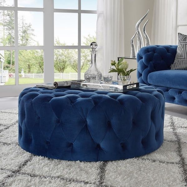 Most Recently Released Royal Blue Tufted Cocktail Ottomans Regarding Shop Corvus Tufted Velvet Round Chesterfield Ottoman With Casters – On (View 2 of 10)