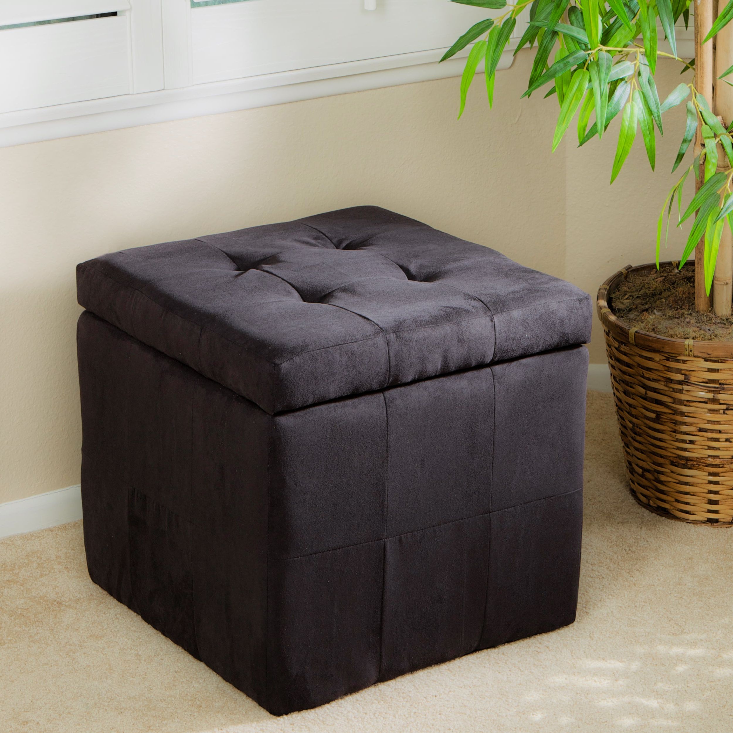 Most Recently Released Tufted Black Fabric Storage Cube Ottoman – 13915122 – Overstock Intended For Stripe Black And White Square Cube Ottomans (View 2 of 10)