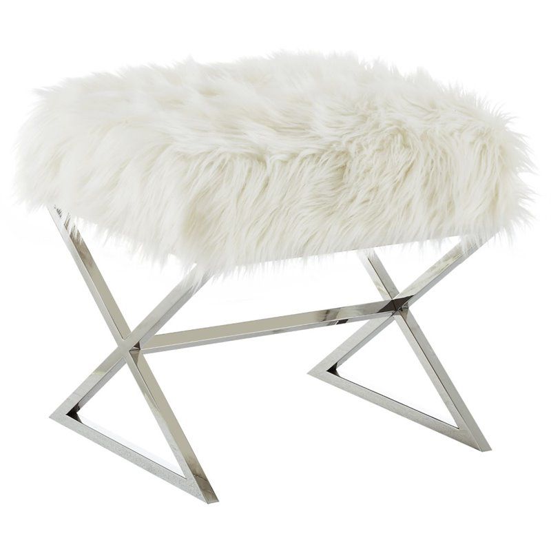 Most Recently Released White Faux Fur And Gold Metal Ottomans Intended For Colin White Faux Fur Ottoman – Stainless Steel – Chrome X Legs (View 10 of 10)