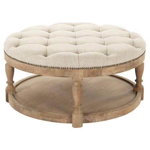 Most Up To Date Gray Fabric Round Modern Ottomans With Rope Trim Throughout Talia French Country Grey Oak Linen Tufted Round Wood Coffee Table (View 5 of 10)