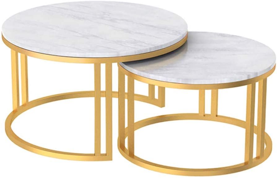 Most Up To Date Round Gold Metal Cage Nesting Ottomans Set Of 2 Throughout White Marble Nesting Coffee Tables : Elle Round Marble Nest Coffee (View 2 of 10)
