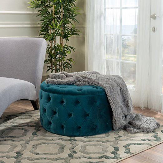 Most Up To Date Teal Velvet Pleated Pouf Ottomans For Provence Teal Tufted New Velvet Ottoman (round) (View 9 of 10)