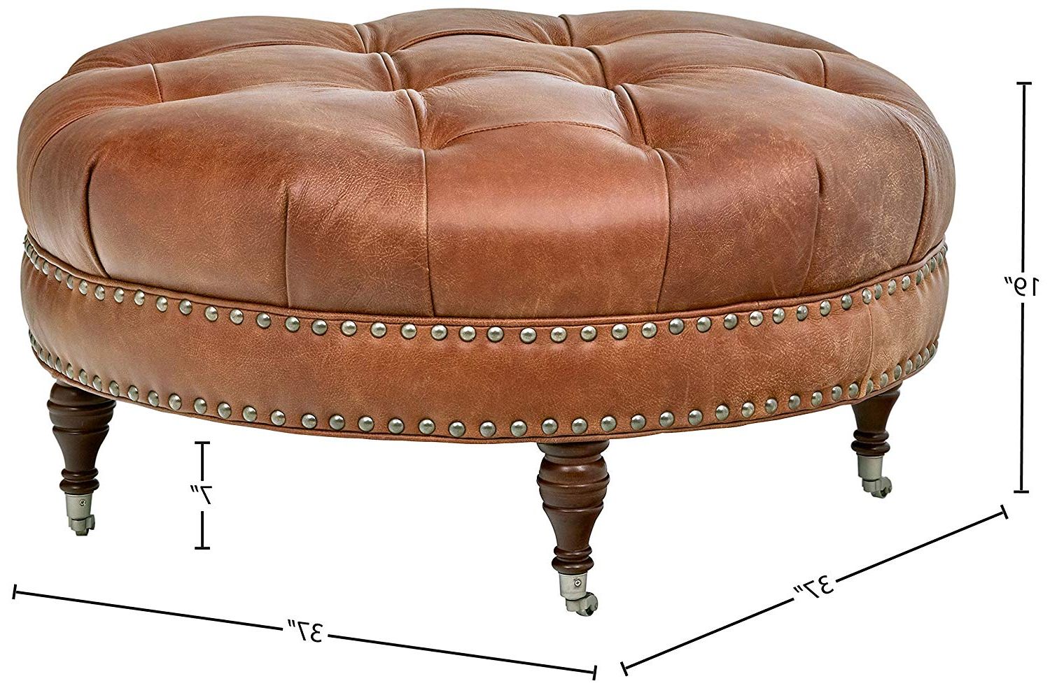Most Up To Date Weathered Ivory Leather Hide Pouf Ottomans Within Button Tufted Round Leather Wheeled Ottoman With Spindled Wooden Legs (View 7 of 10)